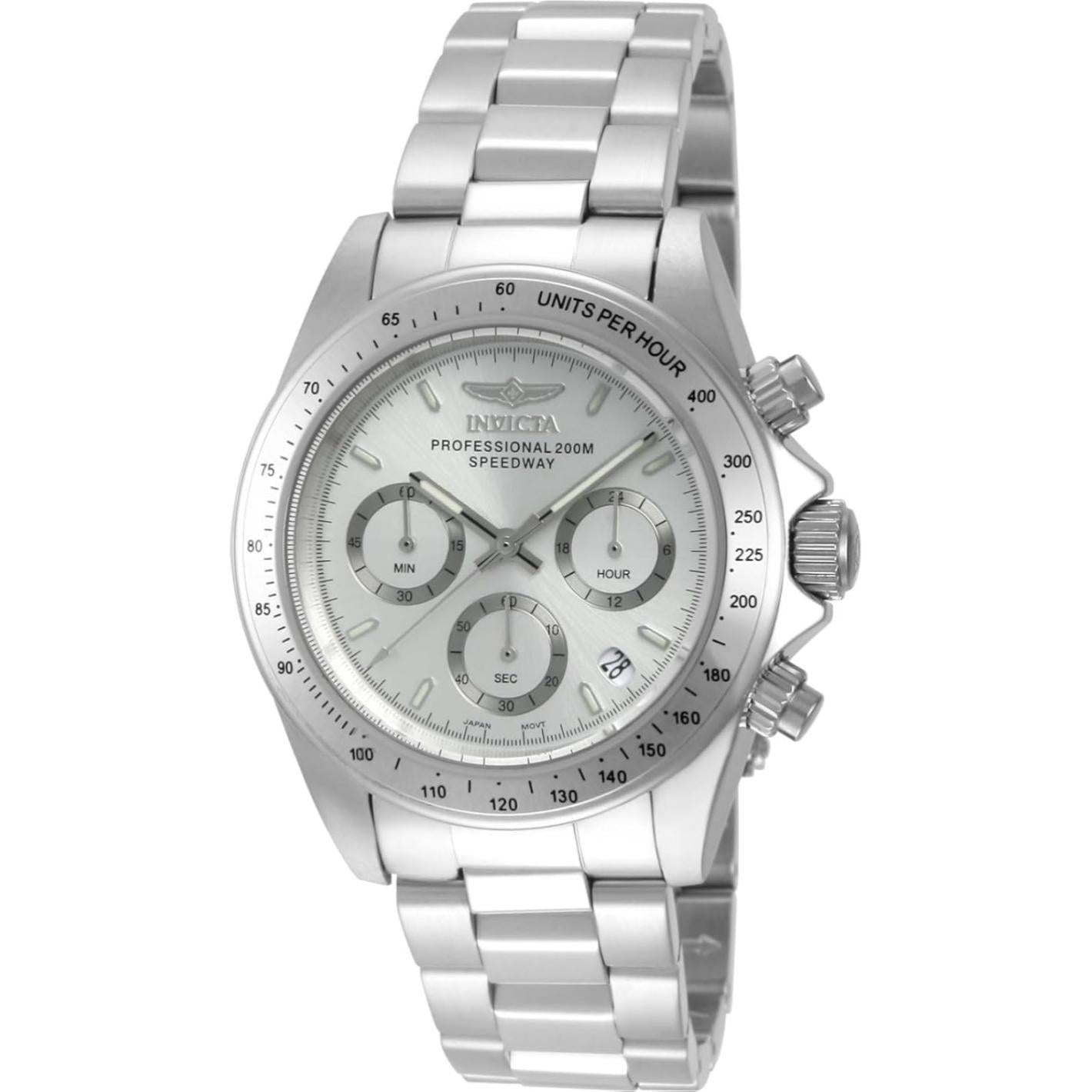 Invicta 14381 chronograph with silver dial, three subdials, tachymeter scale bezel, stainless steel case and stainless steel bracelet.