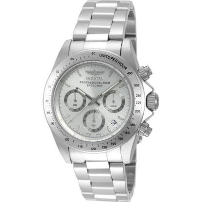 Invicta 14381 chronograph with silver dial, three subdials, tachymeter scale bezel, stainless steel case and stainless steel bracelet.