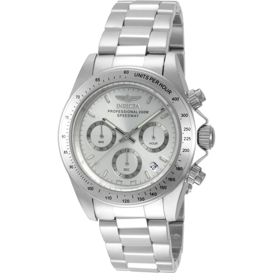 Invicta 14381 chronograph with silver dial, three subdials, tachymeter scale bezel, stainless steel case and stainless steel bracelet.
