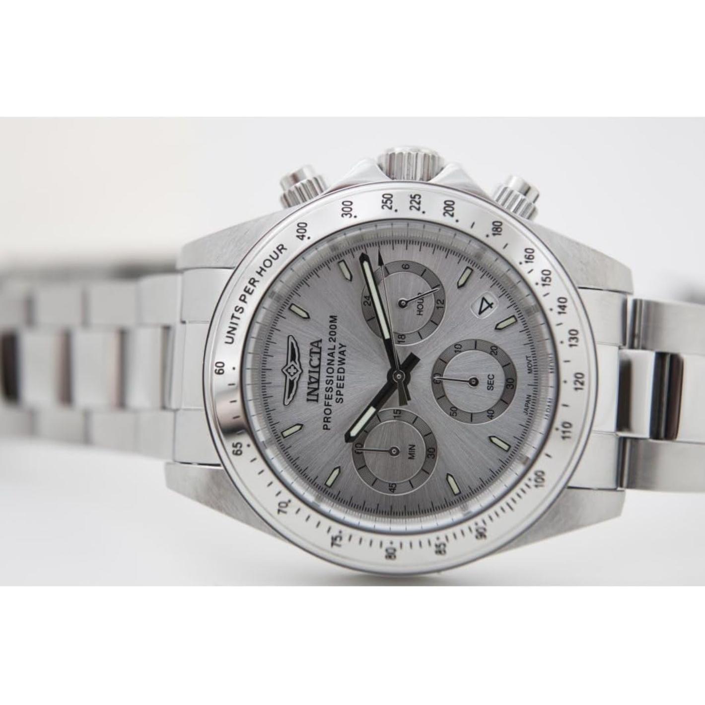 Invicta 14381 chronograph with silver dial, three subdials, tachymeter scale bezel, stainless steel case and stainless steel bracelet.