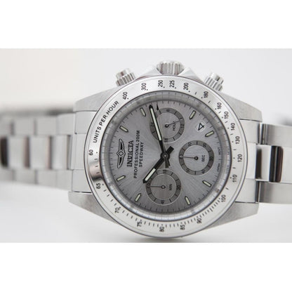 Invicta 14381 chronograph with silver dial, three subdials, tachymeter scale bezel, stainless steel case and stainless steel bracelet.