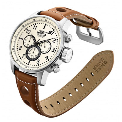 Invicta 16009 chronograph watch with white dial, subdials, stainless steel case and brown perforated leather racing strap shown at an angle.