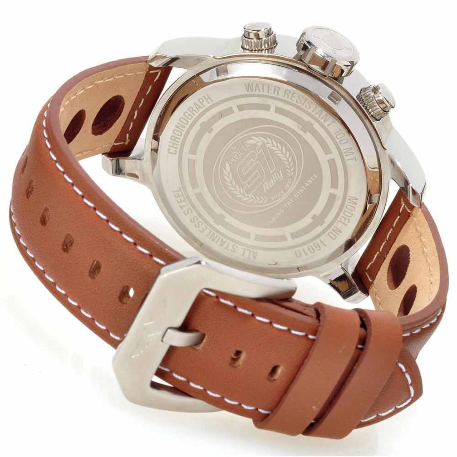 Invicta 16009 with stainless steel caseback, stainless steel case and brown perforated leather racing strap with buckle.