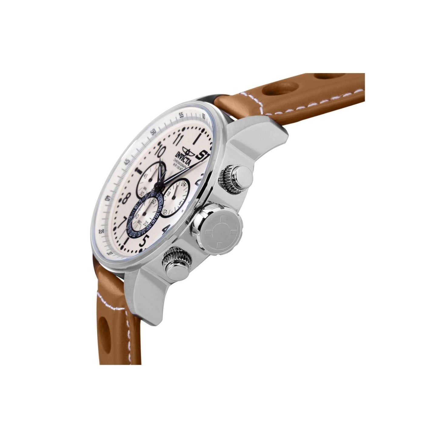Invicta 16009 side profile with stainless steel case, crown, pushers and brown perforated leather racing strap.