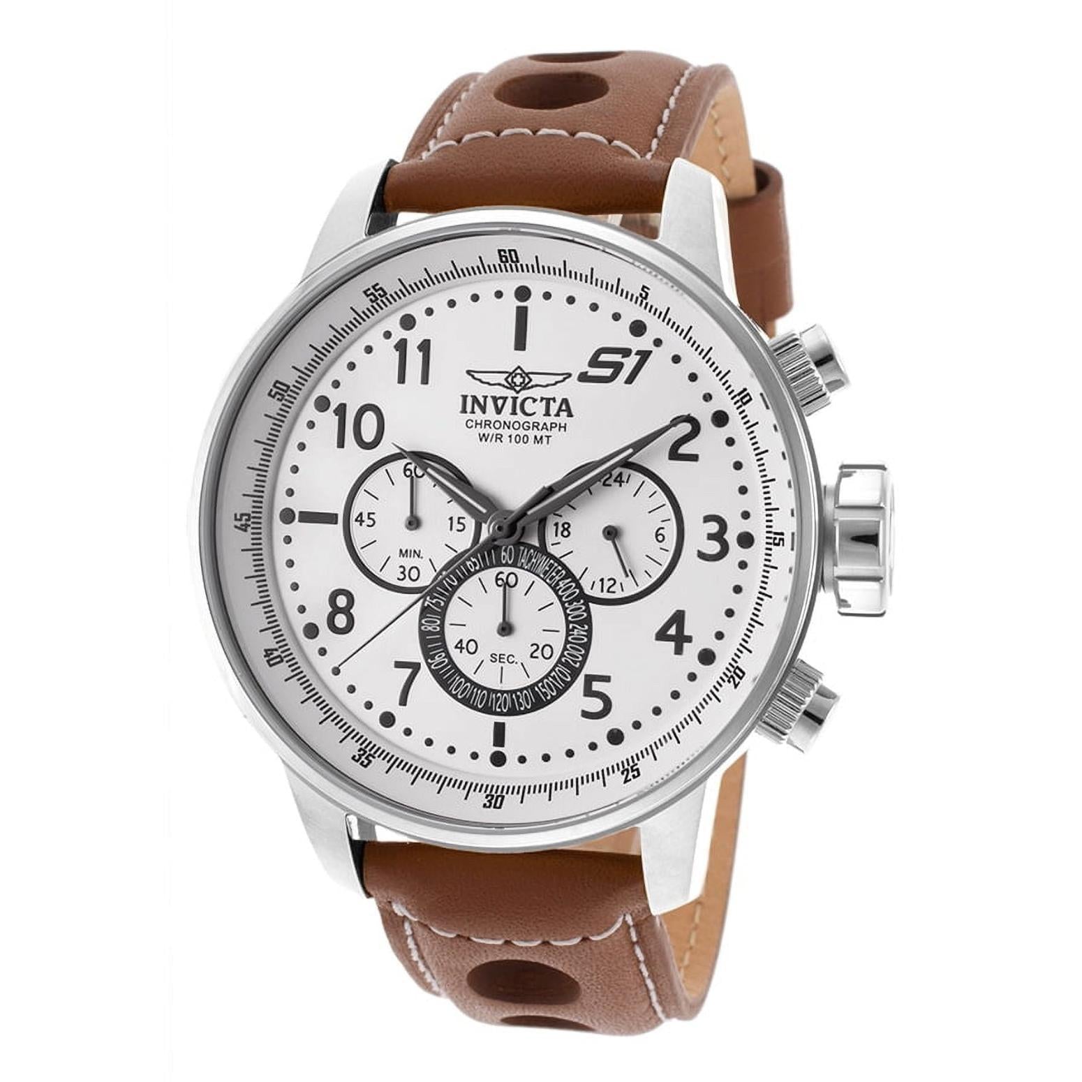 Invicta 16009 chronograph watch with white dial, subdials, stainless steel case and brown perforated leather strap in racing style.
