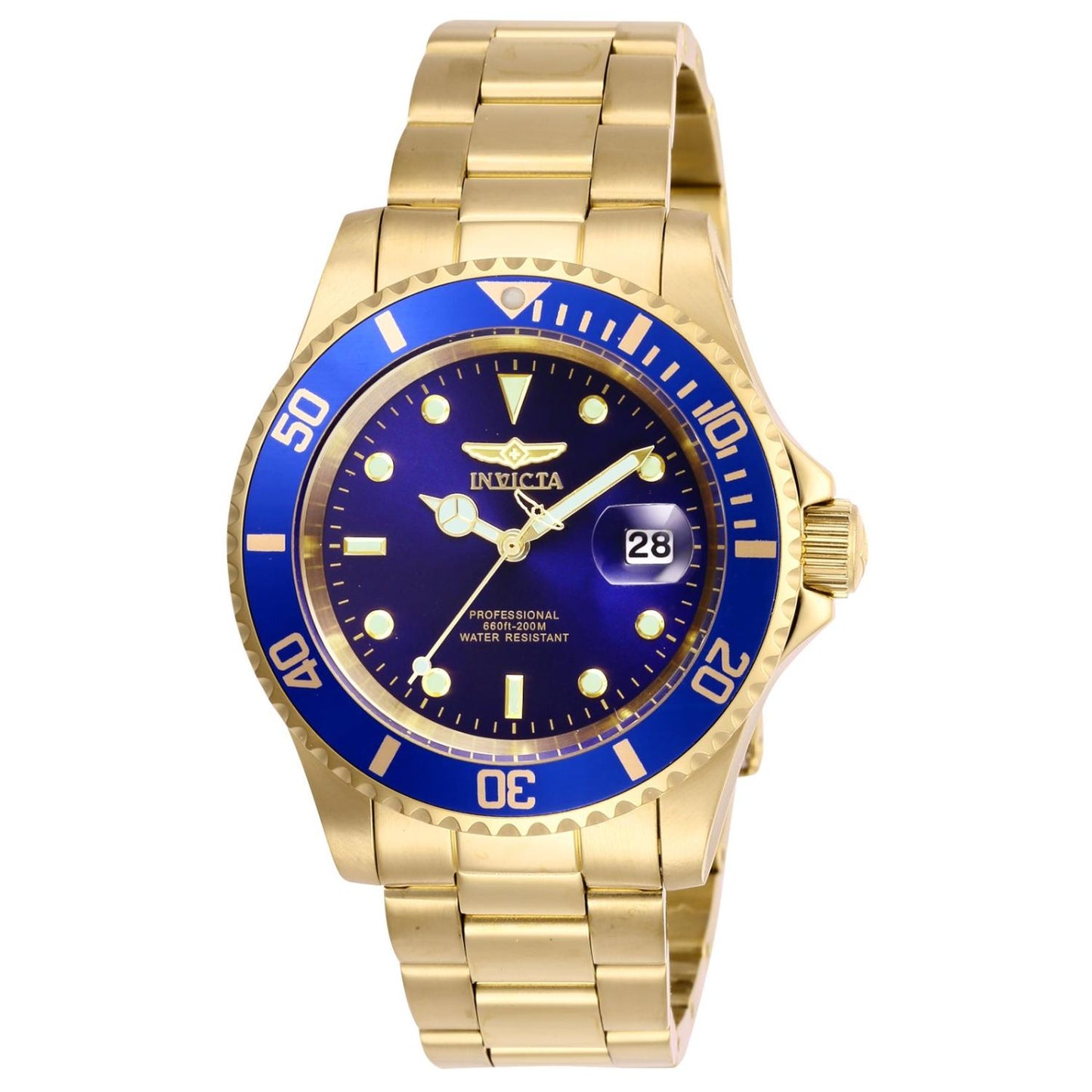 Invicta 26974 dive watch with blue dial, date display, gold tone stainless steel case and bracelet with rotating bezel.