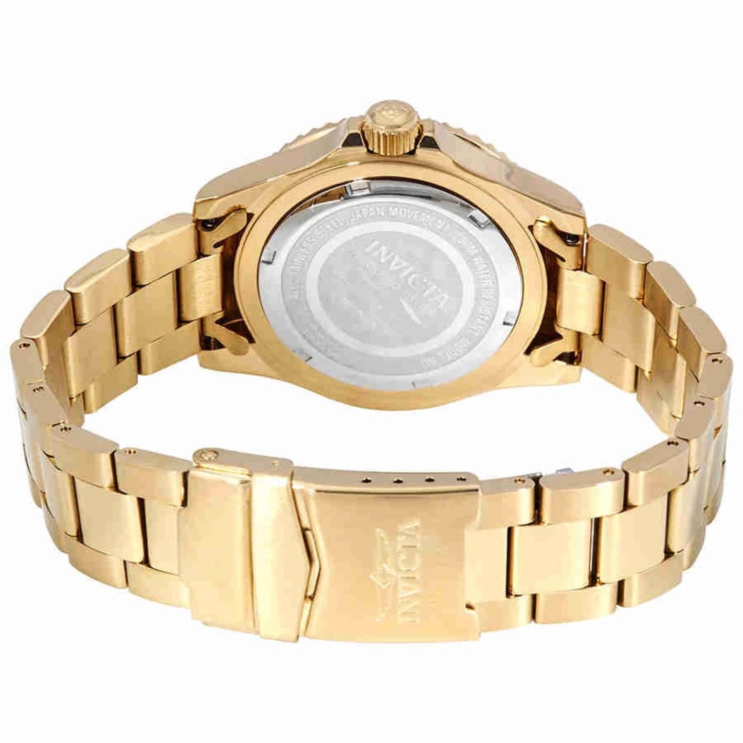 Invicta 26974 with stainless steel caseback, gold tone case and gold tone stainless steel bracelet with folding clasp.