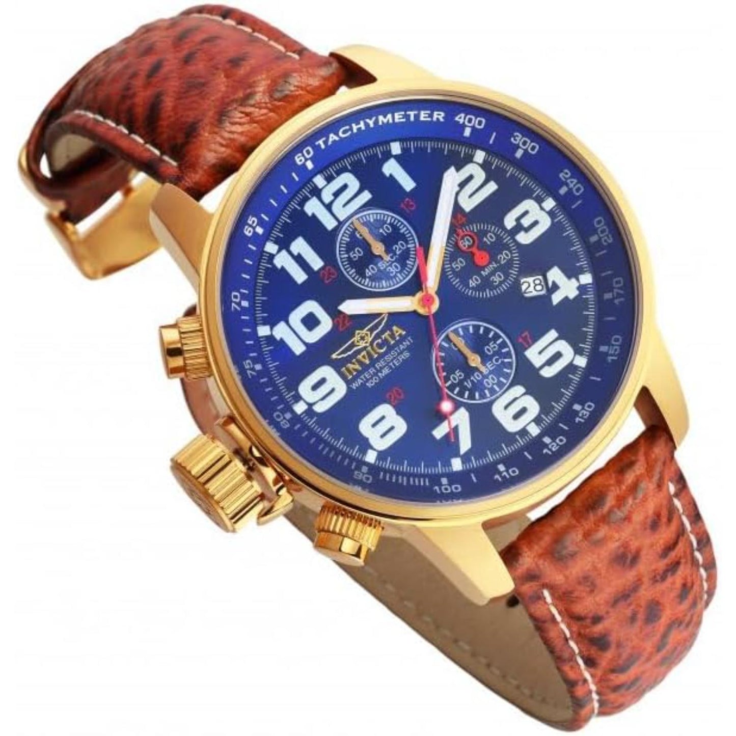 Invicta 3329 chronograph with blue dial, white Arabic numerals, gold-tone stainless steel case and textured brown leather strap shown at an angle.
