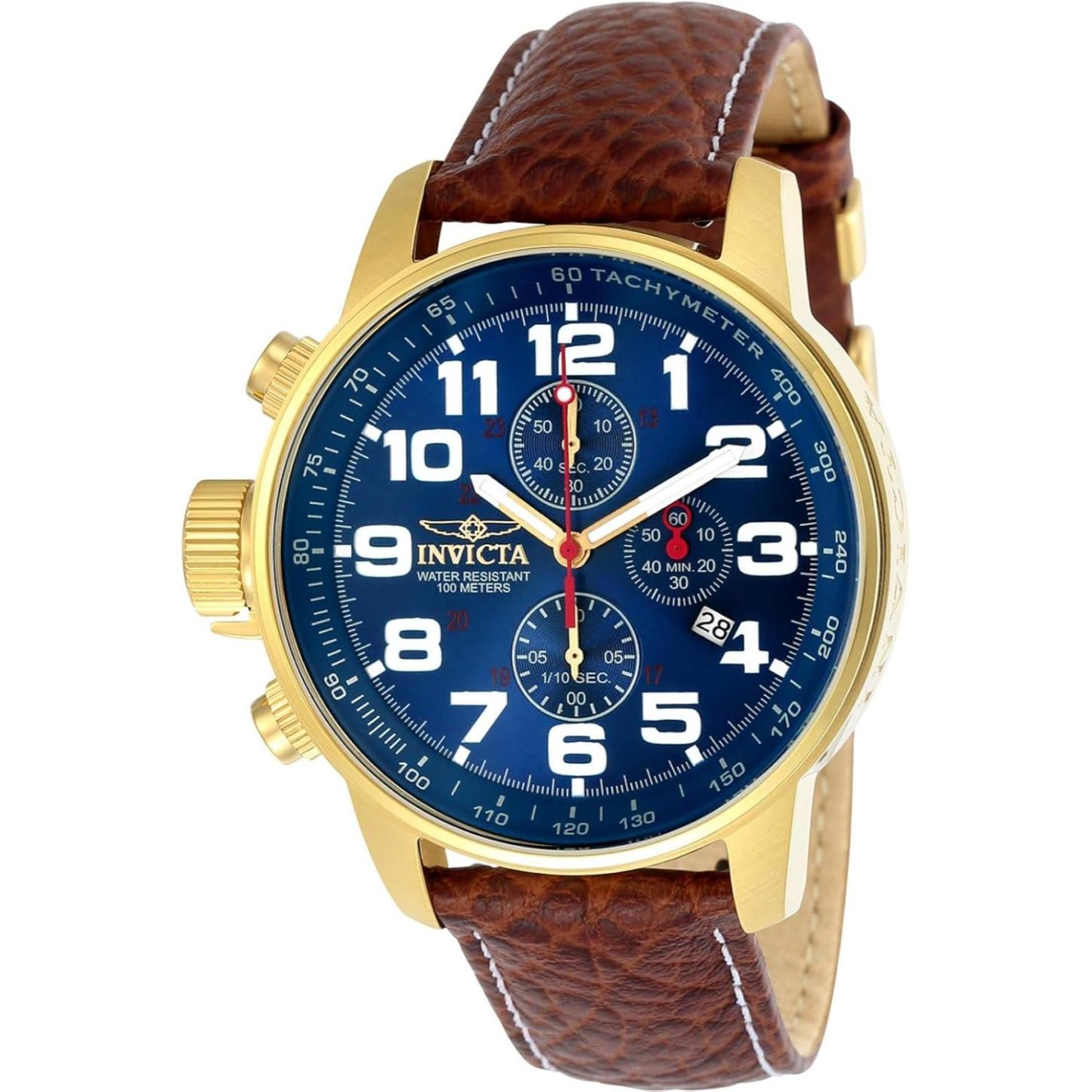 Invicta 3329 chronograph with blue dial, large white Arabic numerals, gold-tone stainless steel case and brown leather strap.