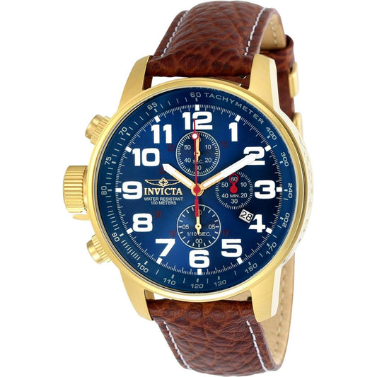 Invicta 3329 chronograph with blue dial, large white Arabic numerals, gold-tone stainless steel case and brown leather strap.