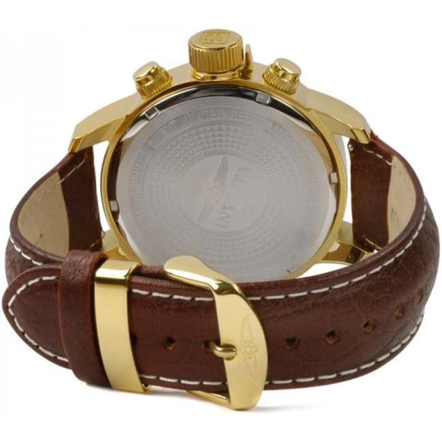 Invicta 3329 with stainless steel caseback, gold-tone stainless steel case, chronograph pushers and crown, and brown leather strap with contrast stitching.