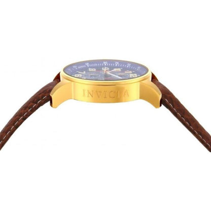Invicta 3329 side case profile with engraved Invicta logo on the gold-tone stainless steel case and brown leather strap with stitching.
