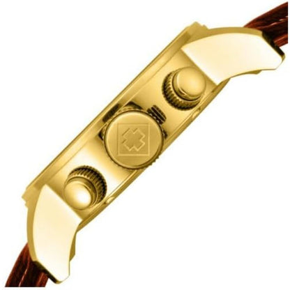 Invicta 3329 side profile with gold-tone stainless steel case, crown and chronograph pushers, and brown leather strap.