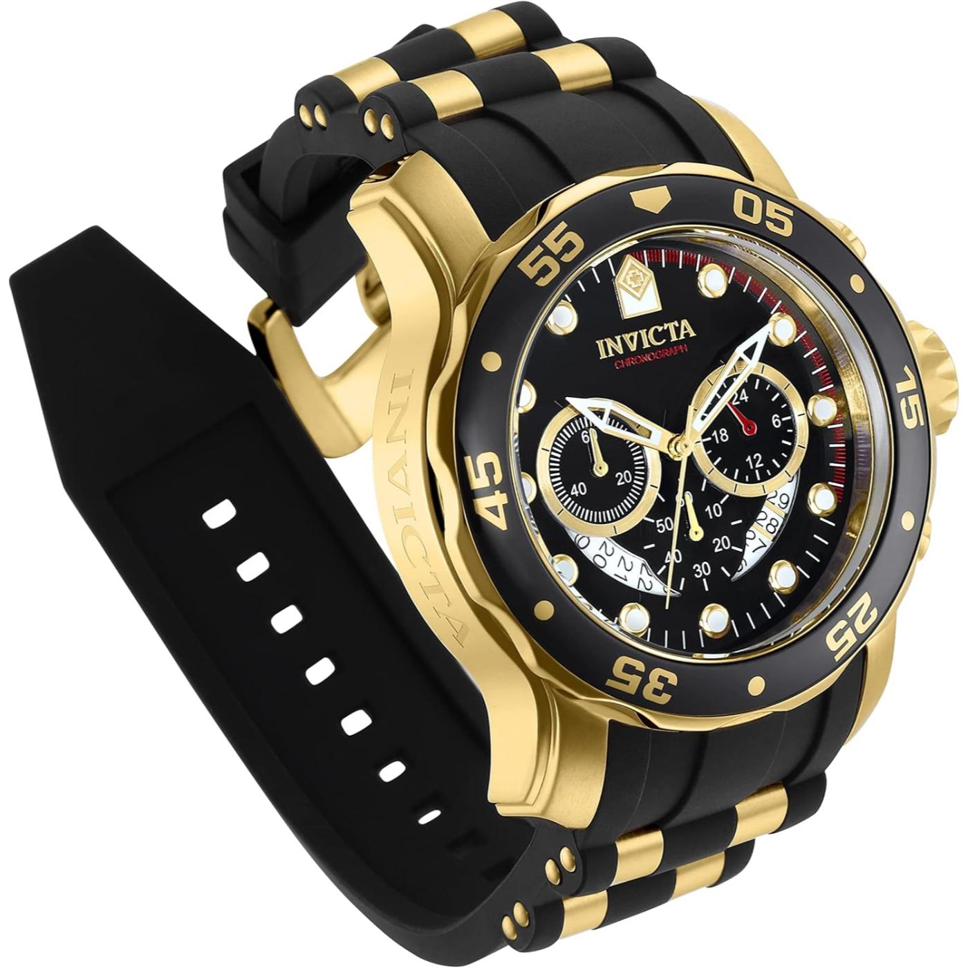 Invicta 6981 chronograph with black dial, gold-tone stainless steel case, black bezel with gold markers and black strap with gold center links shown at an angle.