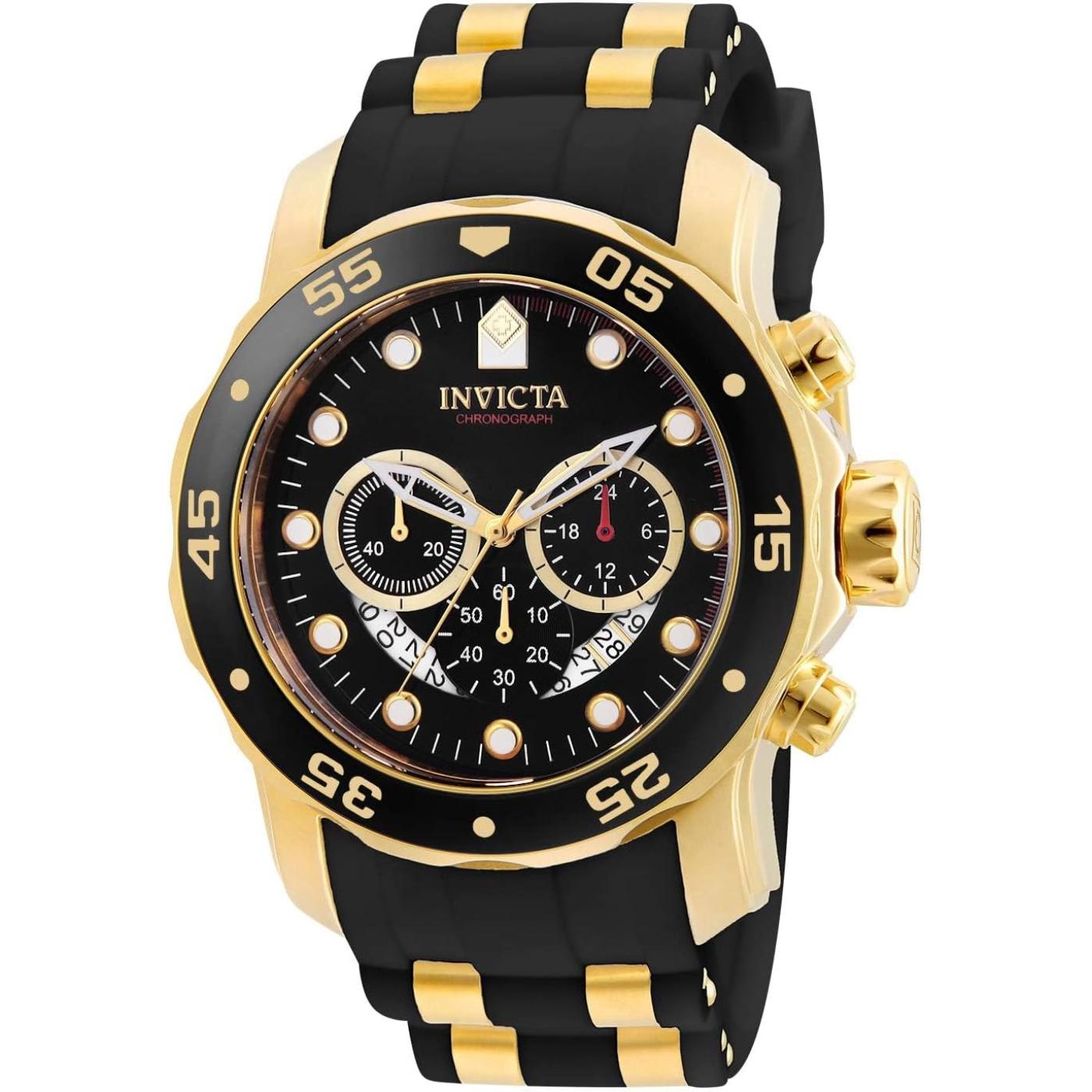 Invicta 6981 chronograph with black dial, gold-tone stainless steel case, black bezel with gold markers, and black strap with gold center links.