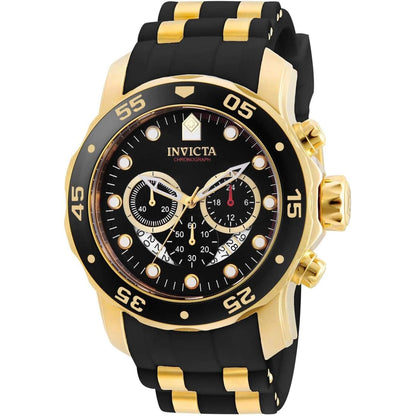 Invicta 6981 chronograph with black dial, gold-tone stainless steel case, black bezel with gold markers, and black strap with gold center links.