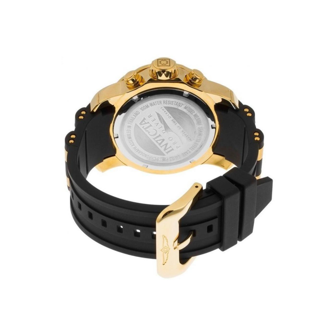 Invicta 6981 with engraved stainless steel caseback, gold-tone stainless steel case, crown and chronograph pushers, and black strap with gold-tone buckle.