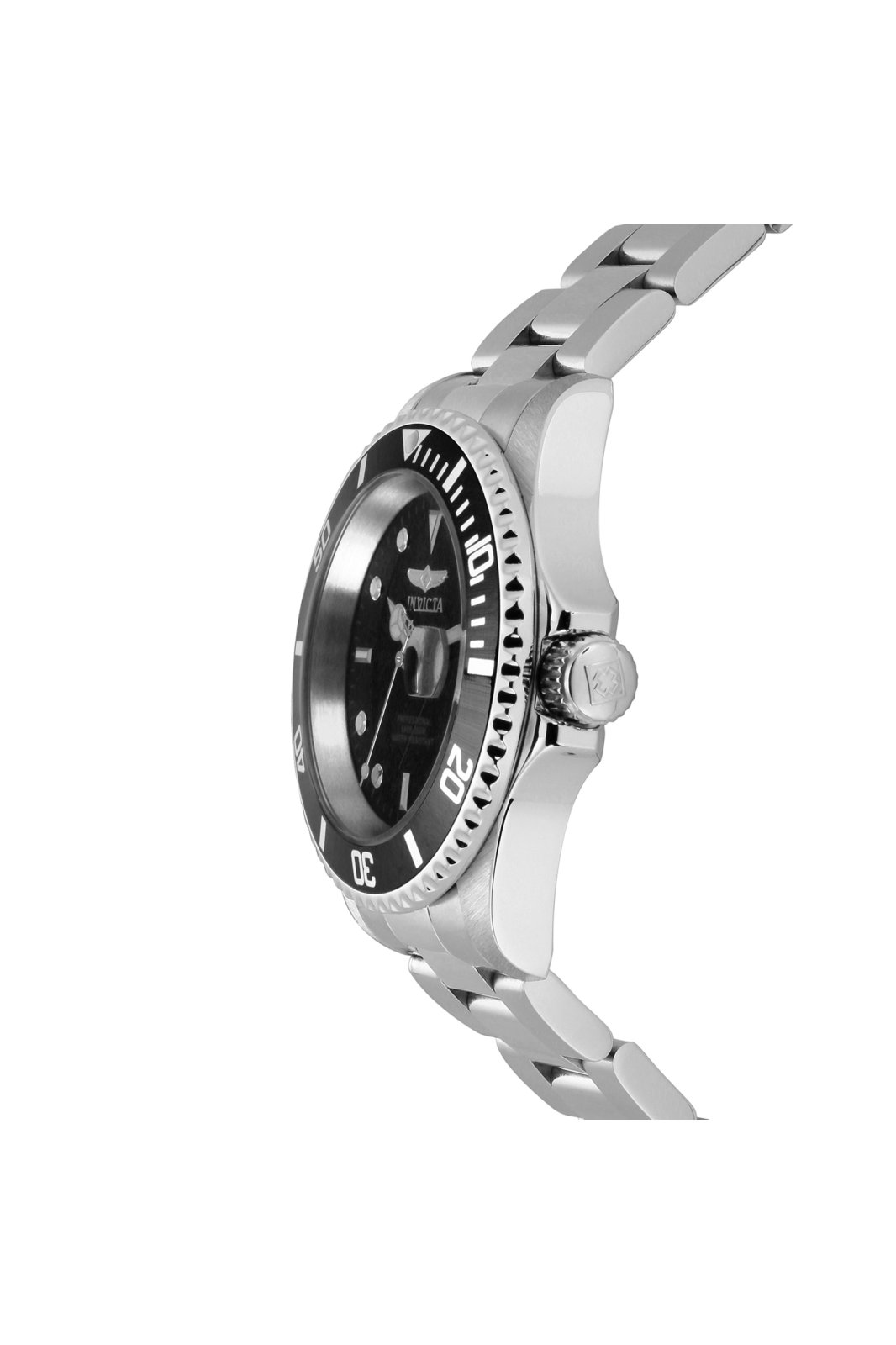 Reloj Invicta analógico de acero con esfera negra mostrado en vista lateral destacando la corona y el bisel.