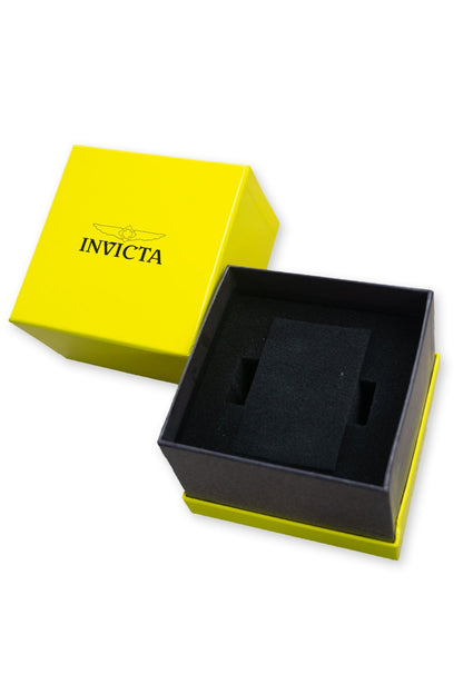 Caja de presentación Invicta en color amarillo mostrada abierta con interior acolchado negro para el reloj.
