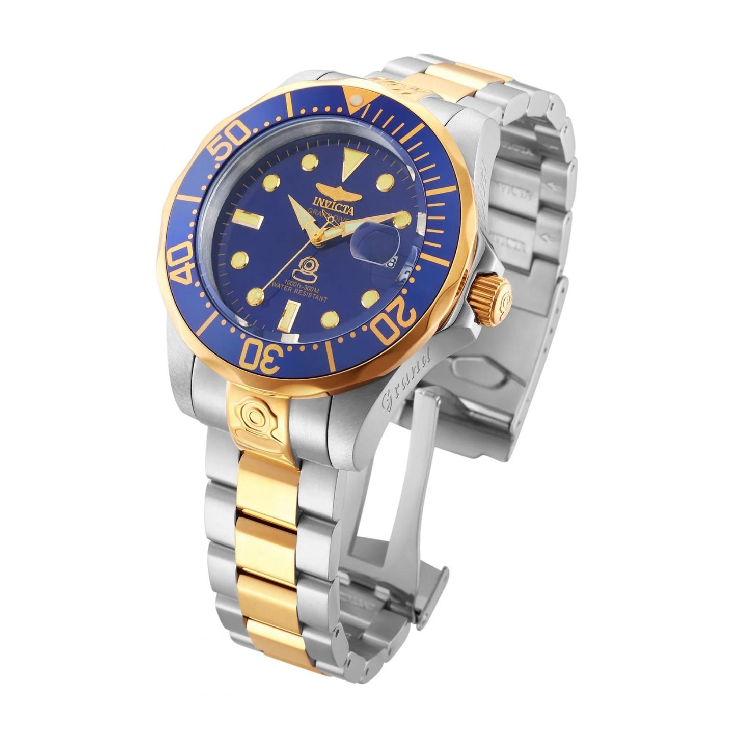 Invicta Grand Diver 3049 automatic dive watch with blue dial, blue bezel, oversized two-tone stainless steel case, and bracelet shown in an angled display view with the clasp open.