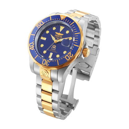 Invicta Grand Diver 3049 automatic dive watch with blue dial, blue bezel, oversized two-tone stainless steel case, and bracelet shown in an angled display view with the clasp open.