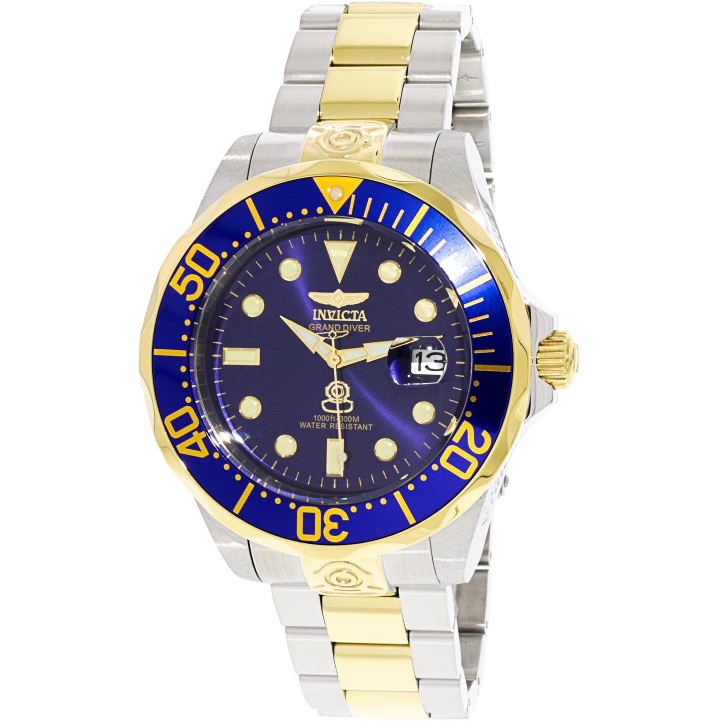 Invicta Grand Diver 3049 automatic dive watch with blue dial, blue unidirectional bezel, oversized two-tone stainless steel case, and matching bracelet.