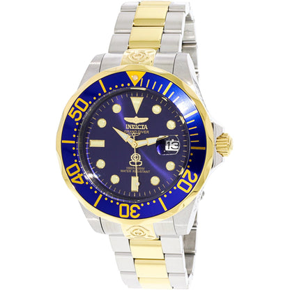 Invicta Grand Diver 3049 automatic dive watch with blue dial, blue unidirectional bezel, oversized two-tone stainless steel case, and matching bracelet.