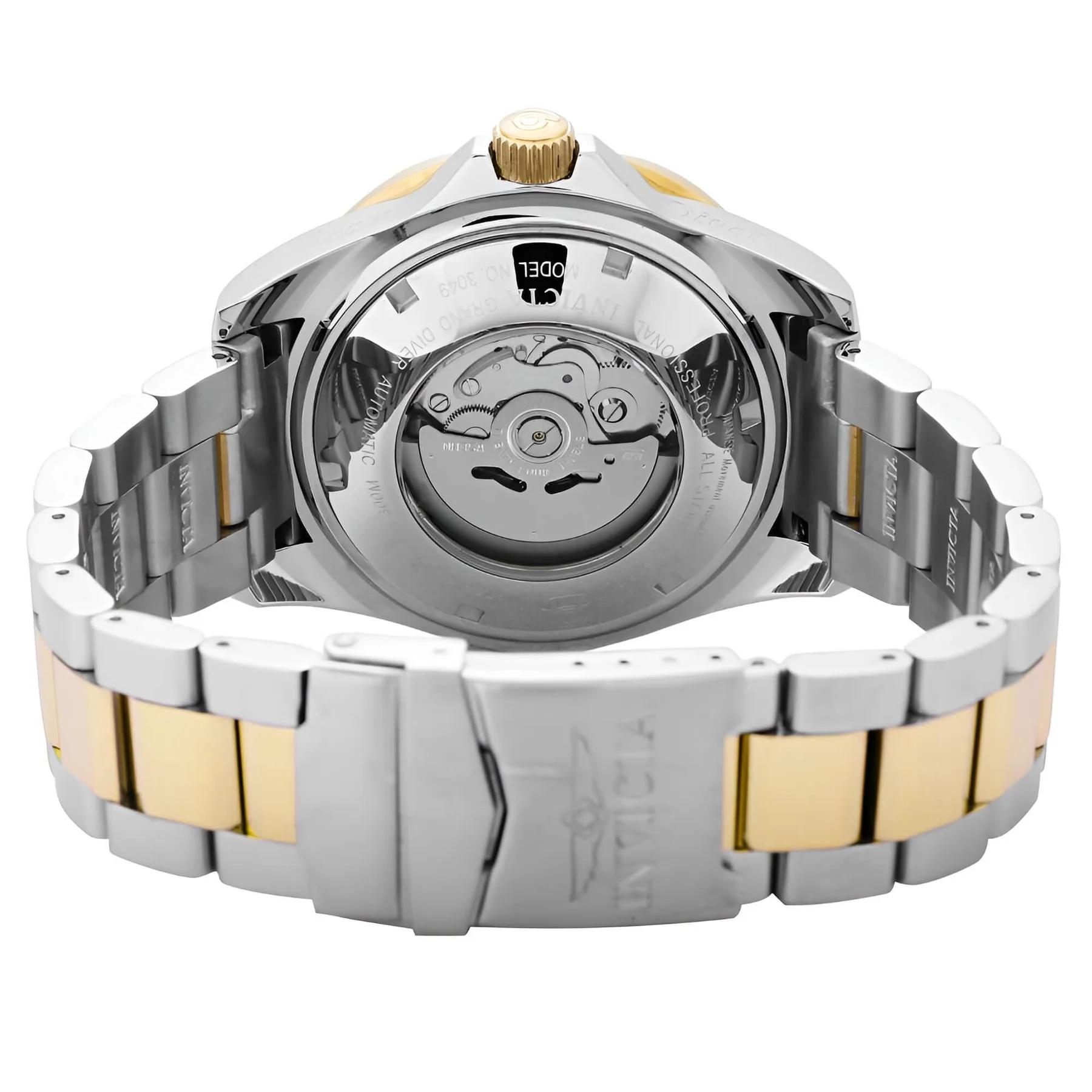 Invicta Grand Diver 3049 with exhibition caseback showing the automatic movement and two-tone stainless steel bracelet with fold-over clasp.