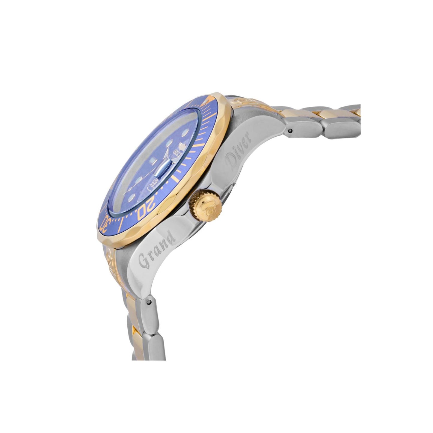 Invicta Grand Diver 3049 with oversized stainless steel case side, engraved Grand Diver detail, blue bezel, and gold-tone crown shown in profile view.