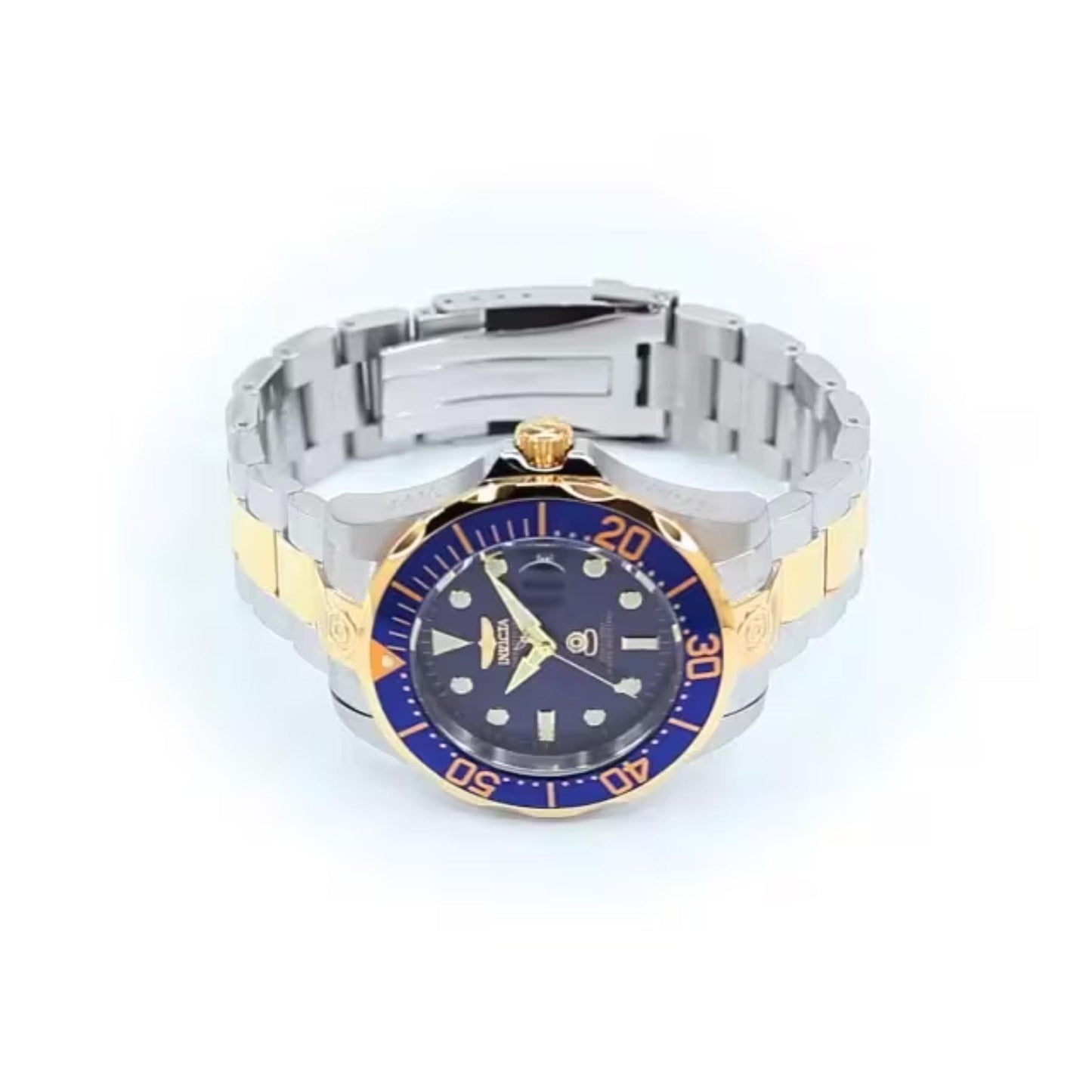 Invicta Grand Diver 3049 automatic dive watch with blue dial, blue bezel, and two-tone stainless steel bracelet shown with the bracelet open.