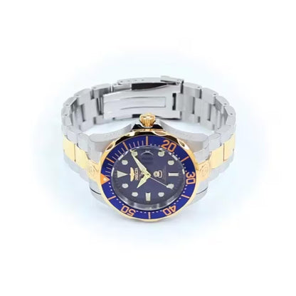 Invicta Grand Diver 3049 automatic dive watch with blue dial, blue bezel, and two-tone stainless steel bracelet shown with the bracelet open.