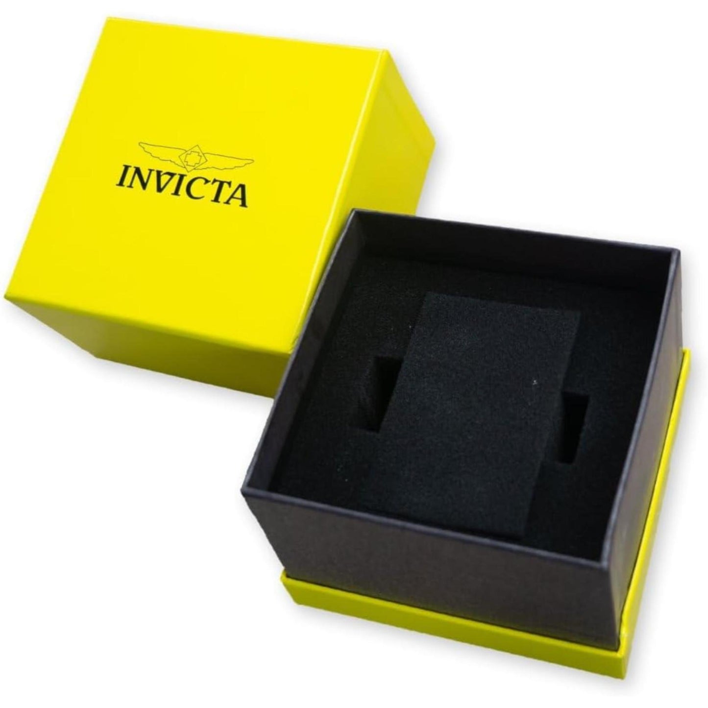 Invicta original watch presentation box with yellow lid featuring the Invicta logo and black interior cushion for the watch.