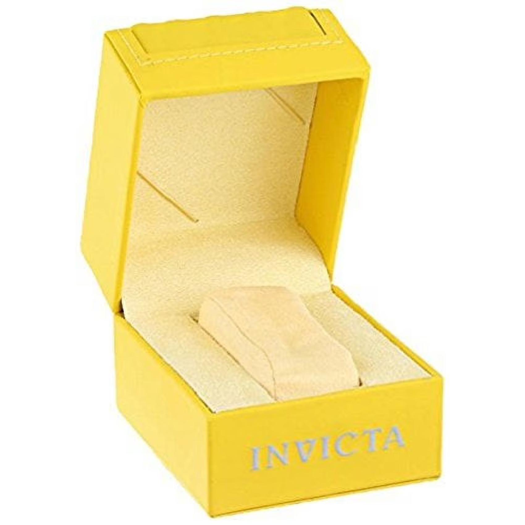 Original Invicta watch presentation box in yellow finish with padded interior display cushion and silver-tone Invicta logo.