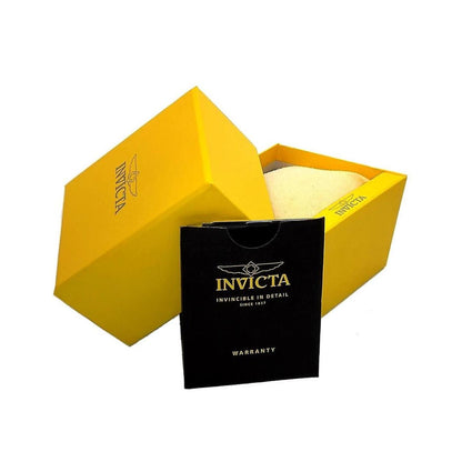 Original Invicta watch presentation box in yellow finish with interior cushion and Invicta warranty booklet included.