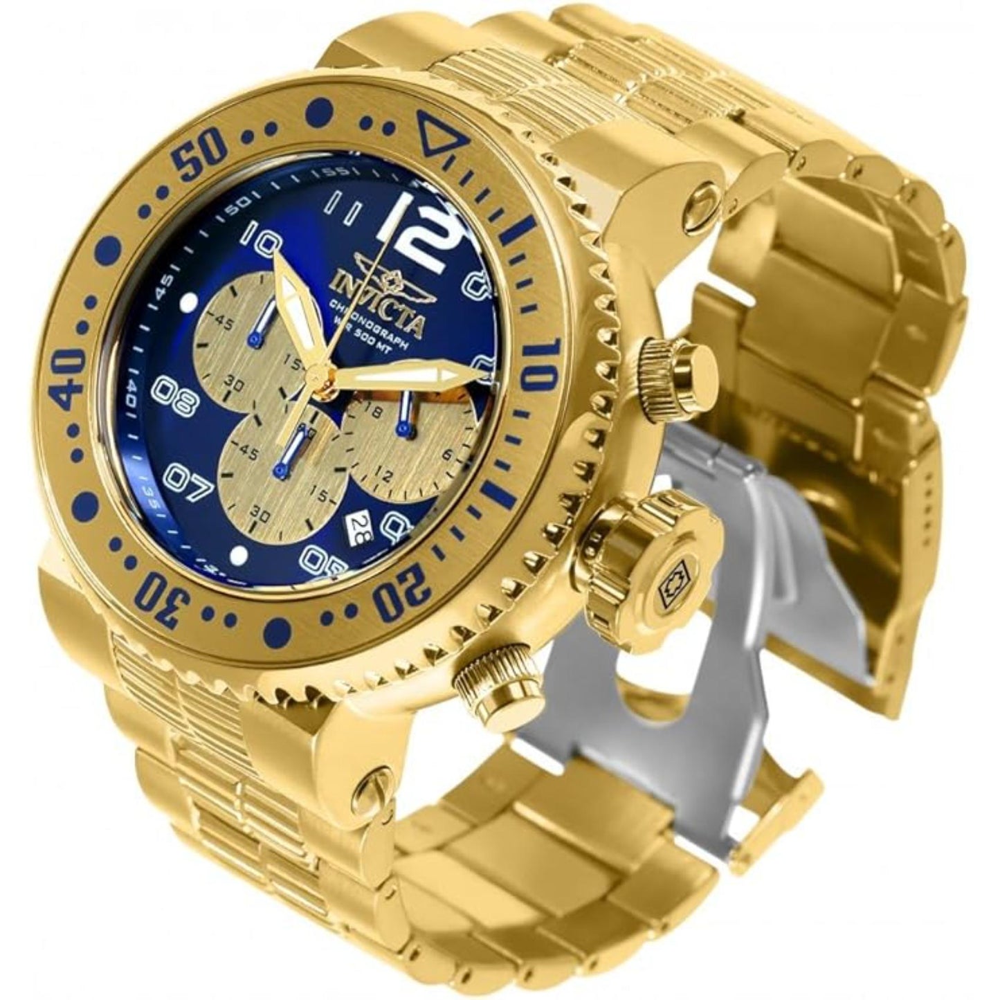 Invicta Pro Diver 25077 chronograph dive watch with blue dial, gold-tone subdials, unidirectional bezel and gold-tone stainless steel bracelet shown in angled profile view.