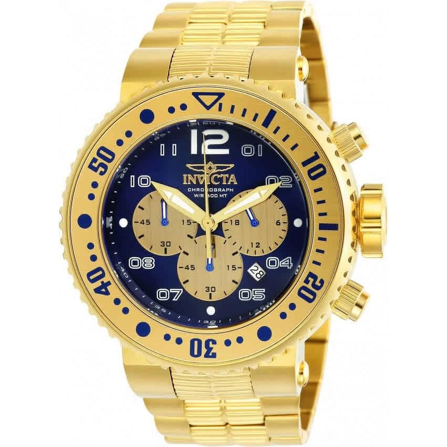 Invicta Pro Diver 25077 chronograph dive watch with blue dial, gold-tone subdials, unidirectional bezel and gold-tone stainless steel bracelet