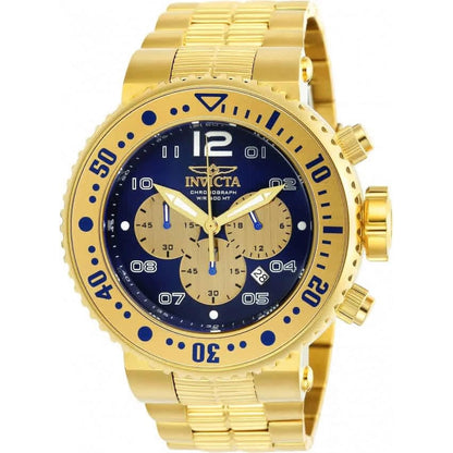 Invicta Pro Diver 25077 chronograph dive watch with blue dial, gold-tone subdials, unidirectional bezel and gold-tone stainless steel bracelet