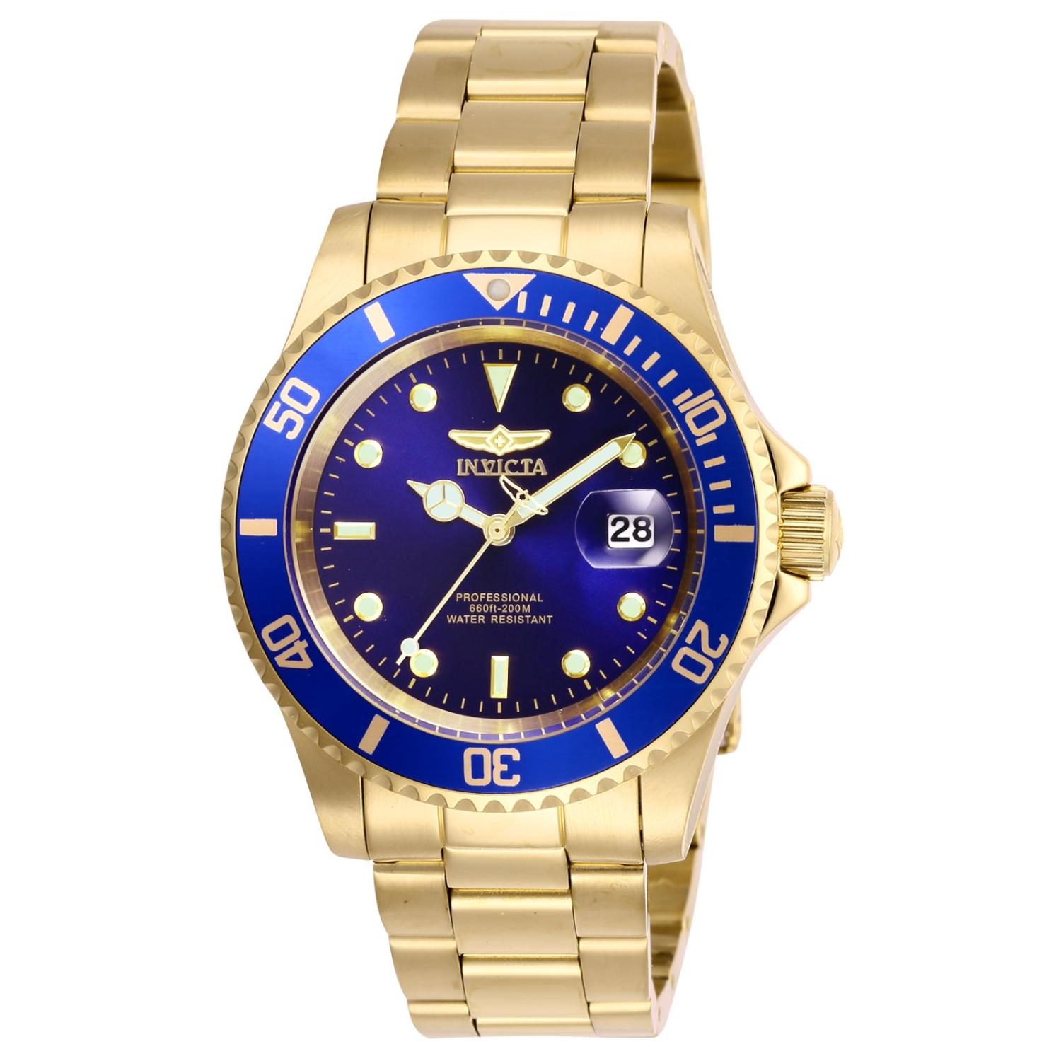 Reloj Invicta Pro Diver 26974 con caja y brazalete de acero dorado, esfera azul con lupa sobre la fecha y bisel giratorio azul con escala de minutos.