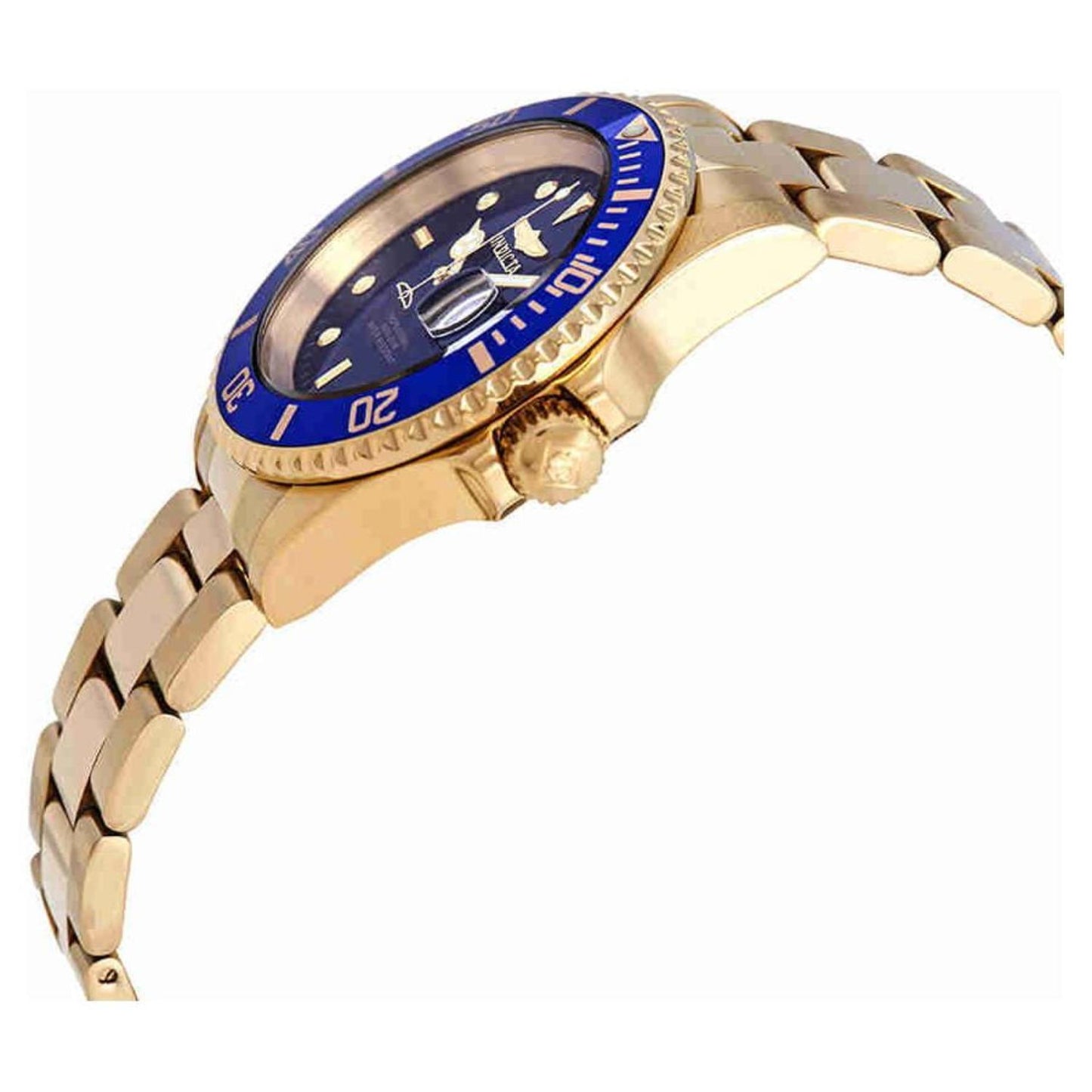 Reloj Invicta Pro Diver 26974 dorado visto de perfil, con bisel azul giratorio y brazalete de acero dorado articulado