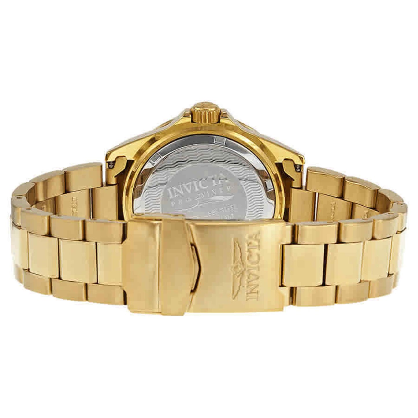 Invicta Pro Diver 29946 dive watch with engraved stainless steel caseback, gold-tone stainless steel bracelet and folding clasp detail.