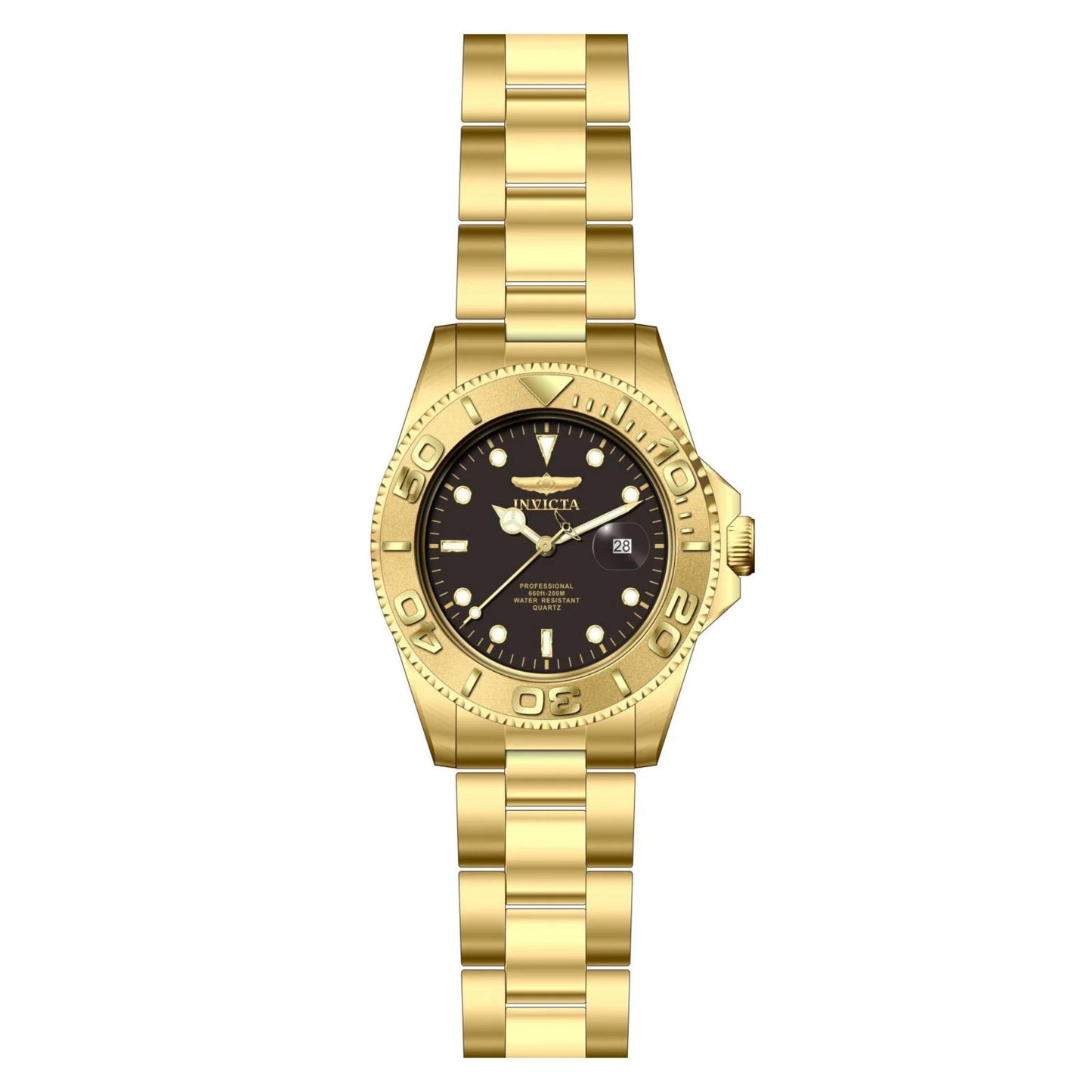 Invicta Pro Diver 29946 dive watch with black dial, gold-tone unidirectional bezel and gold-tone stainless steel bracelet shown in full front view.