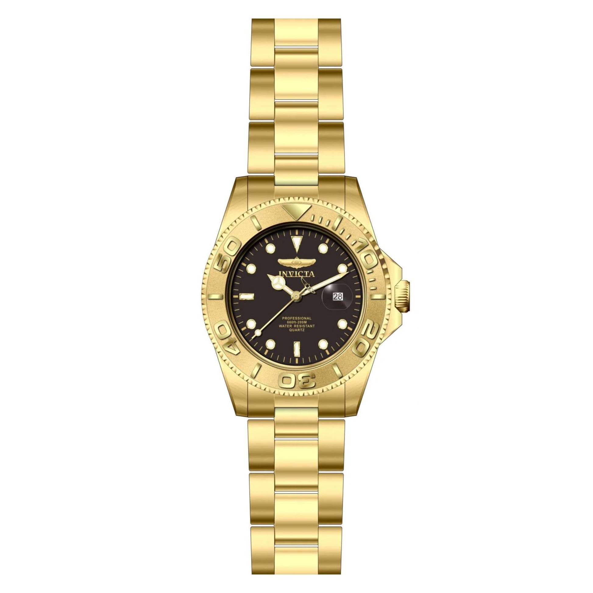 Invicta Pro Diver 29946 dive watch with black dial, gold-tone unidirectional bezel and gold-tone stainless steel bracelet shown in full front view.