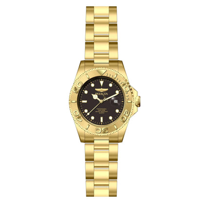 Invicta Pro Diver 29946 dive watch with black dial, gold-tone unidirectional bezel and gold-tone stainless steel bracelet shown in full front view.