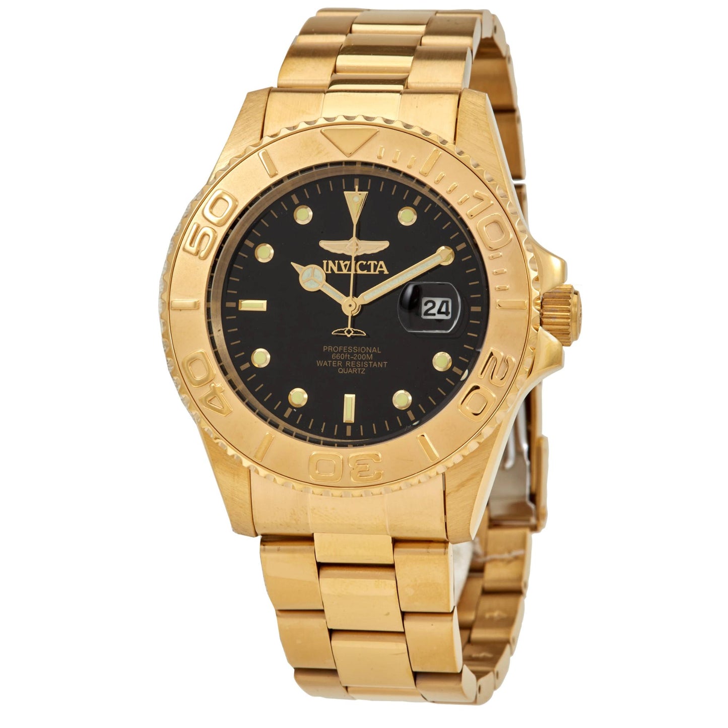 Invicta Pro Diver 29946 dive watch with black dial, gold-tone unidirectional bezel, luminous markers and gold-tone stainless steel bracelet.