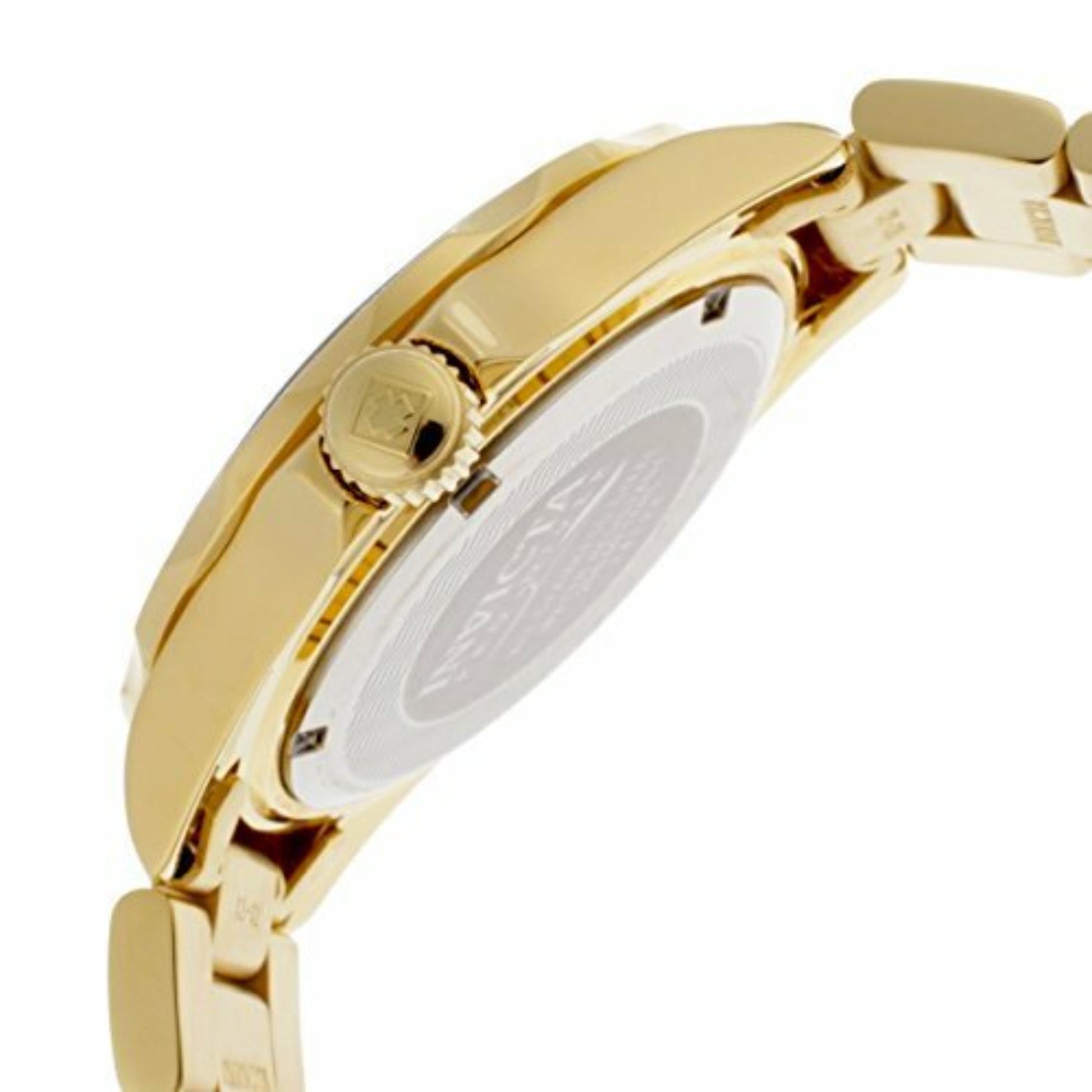 Invicta Pro Diver 29946 dive watch with polished gold-tone stainless steel case, screw-down crown and gold-tone bracelet shown in side profile.