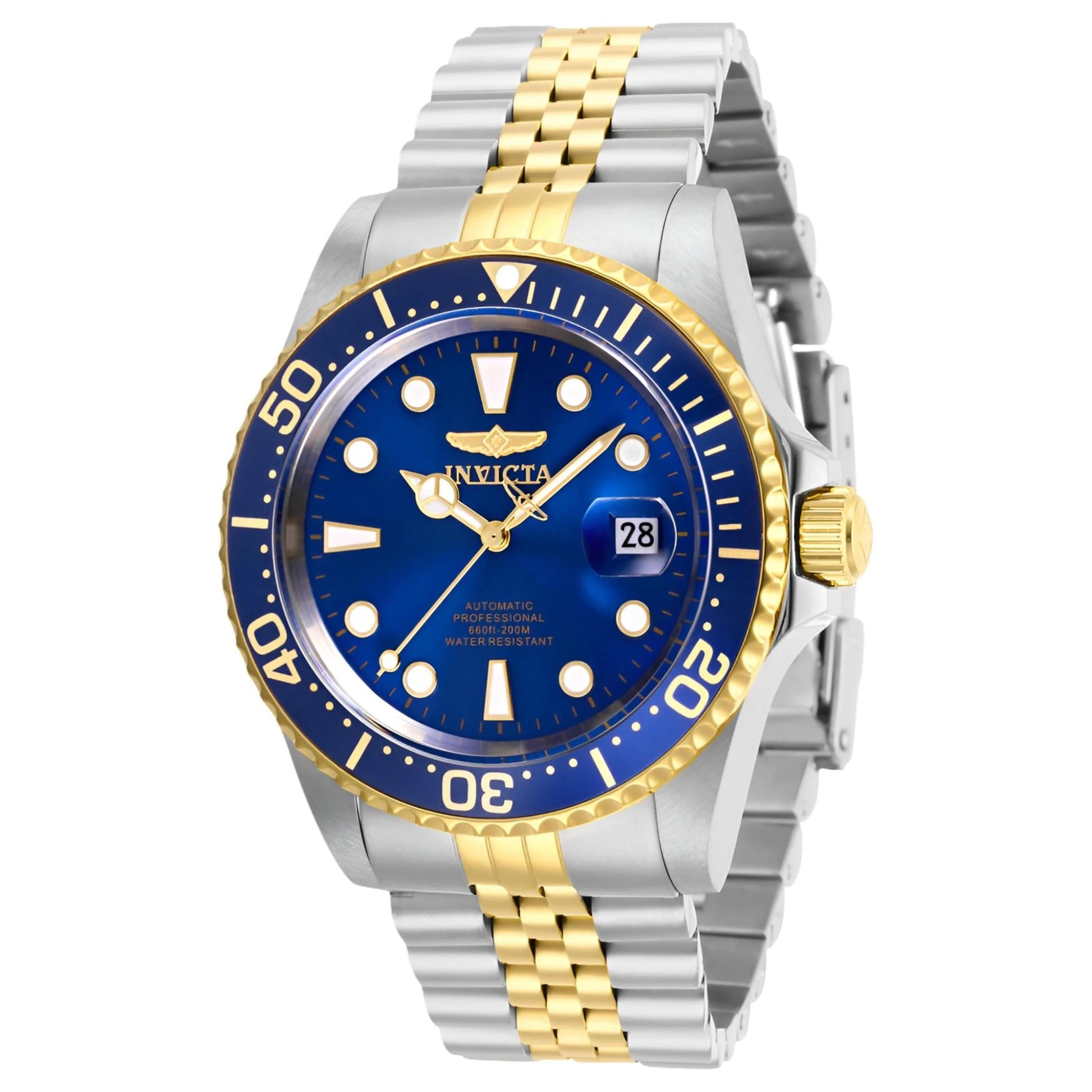 Invicta Pro Diver Automatic 30093 with blue dial, gold-tone rotating bezel, stainless steel case and two-tone stainless steel bracelet with gold center links.