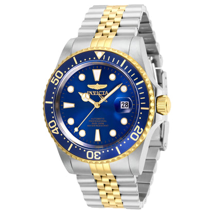 Invicta Pro Diver Automatic 30093 with blue dial, gold-tone rotating bezel, stainless steel case and two-tone stainless steel bracelet with gold center links.