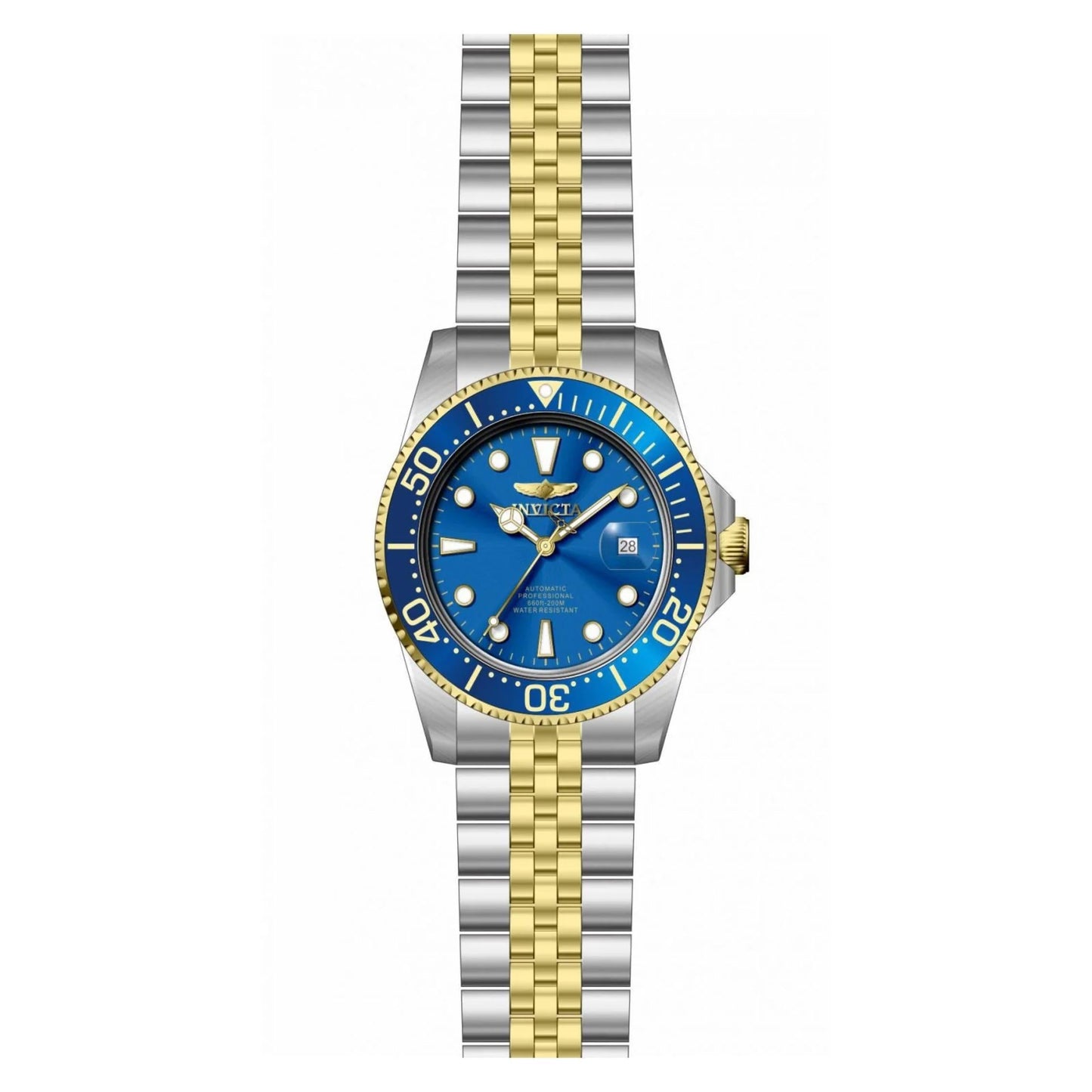 Invicta Pro Diver Automatic 30093 with blue dial, gold-tone rotating bezel, stainless steel case and two-tone stainless steel bracelet shown in front view.