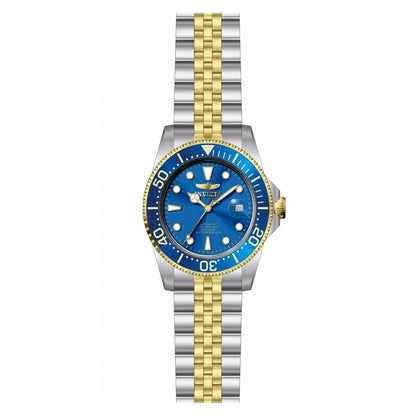 Invicta Pro Diver Automatic 30093 with blue dial, gold-tone rotating bezel, stainless steel case and two-tone stainless steel bracelet shown in front view.