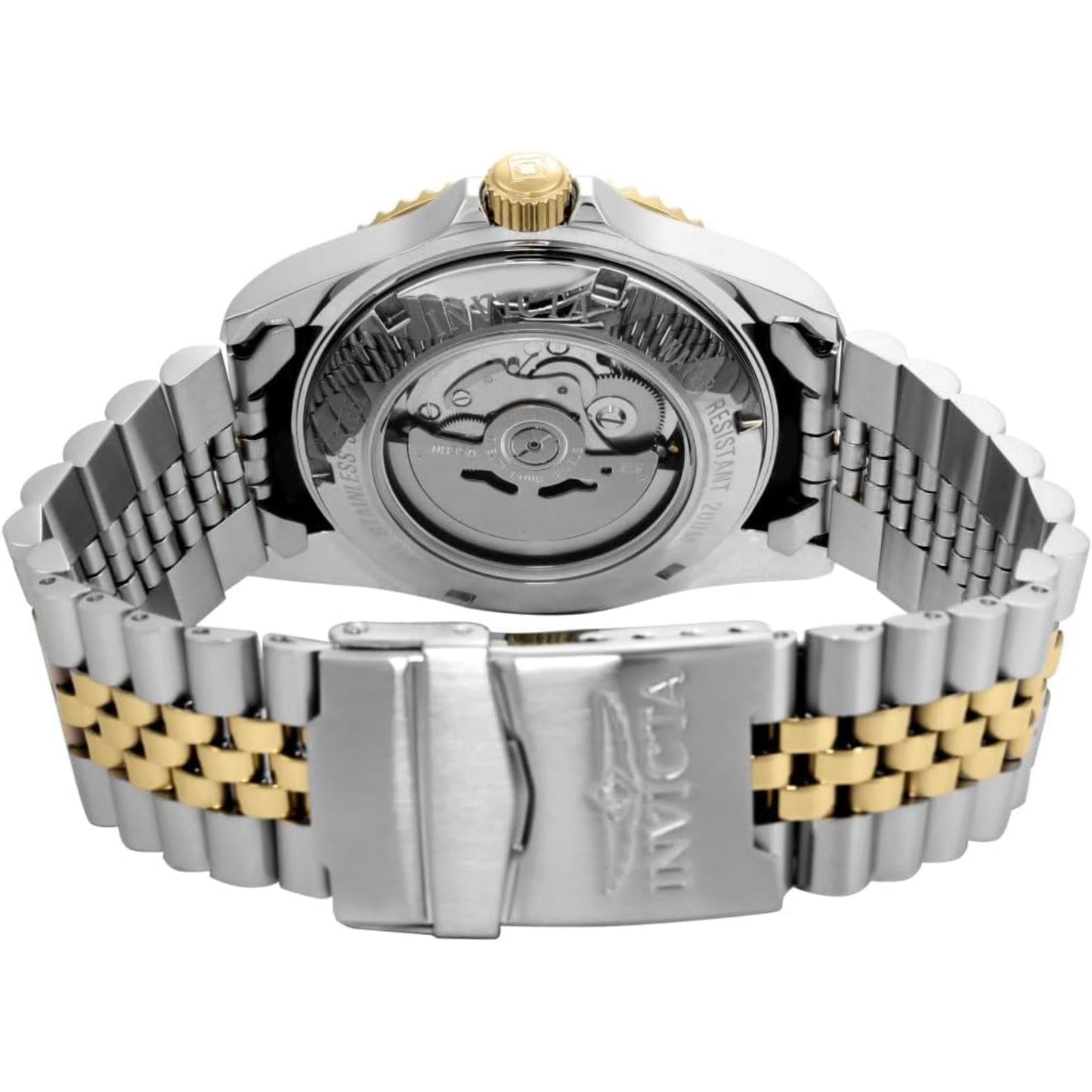 Invicta Pro Diver Automatic 30093 with exhibition caseback showing the automatic movement, stainless steel case and two-tone stainless steel bracelet with gold center links.